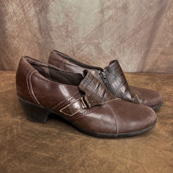 Clarks Ankle Clog Boots Block Heel Leather Mary Jane Shoes Buckle Brown Y2K - Picture 1 of 8